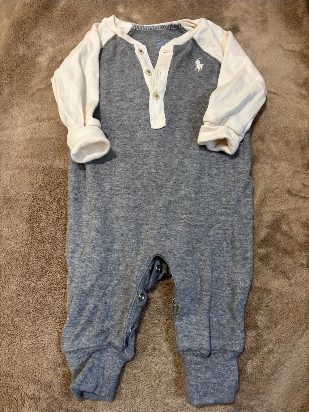 Ralph Lauren Gray and Cream Henley Footed One-Piece
